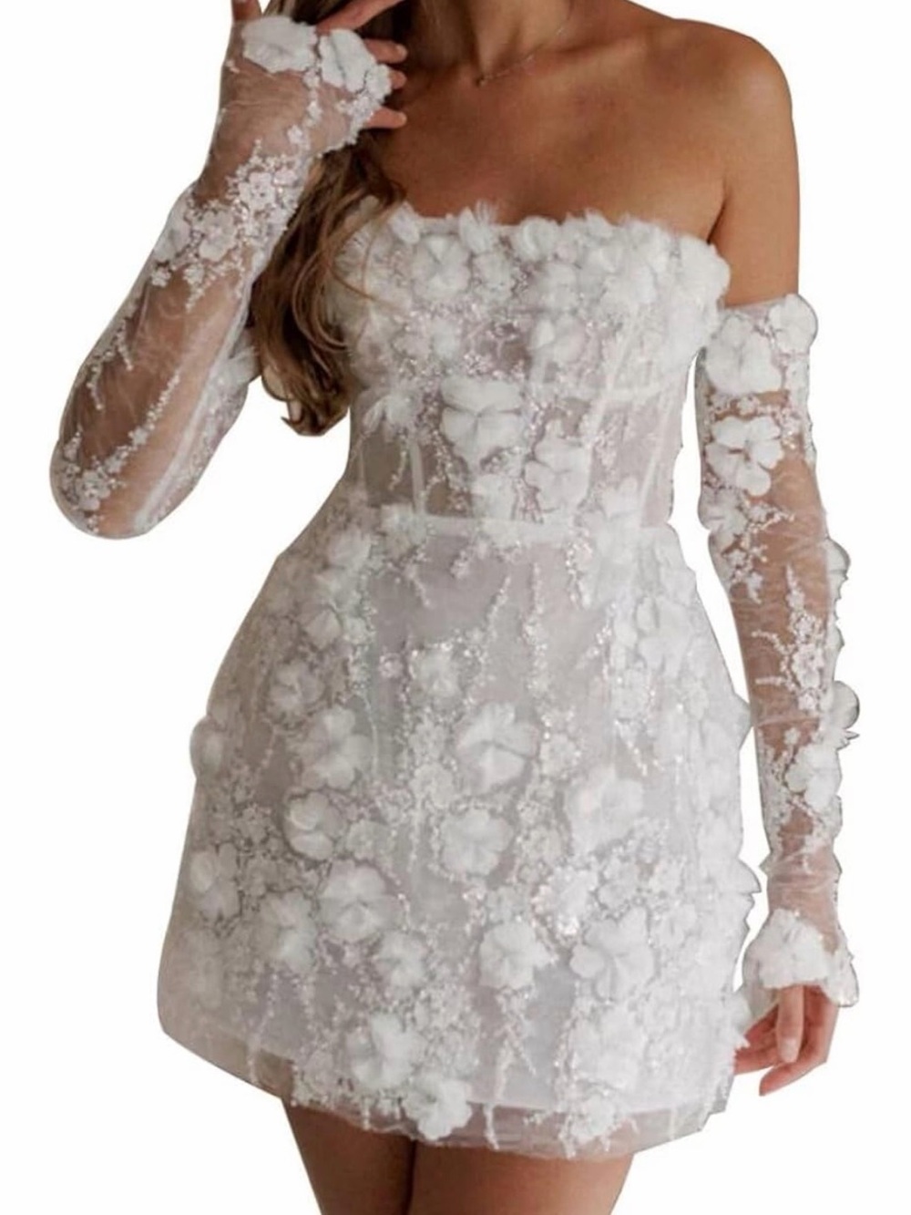 Off-Shoulder White Floral Appliqué Mini Wedding Dress